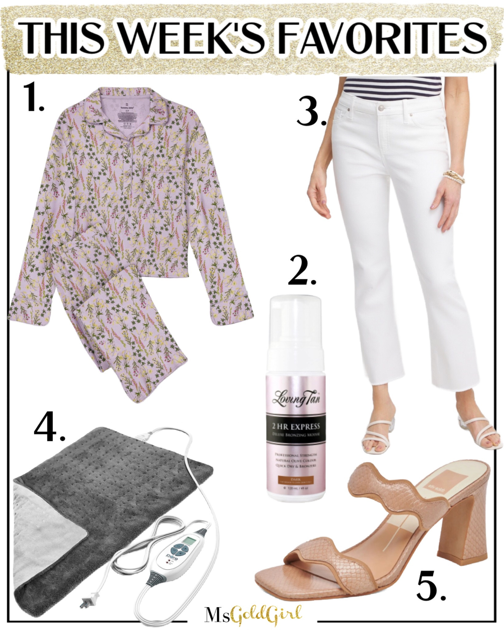 These were my favorites from the last week:
1. Finally tried out a pair of Tommy John pajamas and they did not disappoint. They kept me warm, but when I woke up hot they also wicked away any perspiration. I never got sweaty-I’m impressed! Get them 25% off with code MARNIE25
2. It’s time to tan-fake tan that is! This has been my most used tanning product!
3. These white jeans are the most comfortable white jeans I’ve ever worn. They are SO soft and stretchy and they run TTS-don’t size up!
4. Spring may be here but I’ve been a little cold in the house. Love that I can warm up with this heating pad and not have to turn on the furnace.
5. I think these are going to be the “it” shoes of the spring and summer, replacing the braided strap sandals of the last few years. They’re as comfortable as the braided sandals but a less bulky across the top of the foot.

#fashionover50 #fashionover40 #followerfavorites #bestsellers #walmartfashion #amazonfashion 

#LTKstyletip #LTKshoecrush #LTKover40