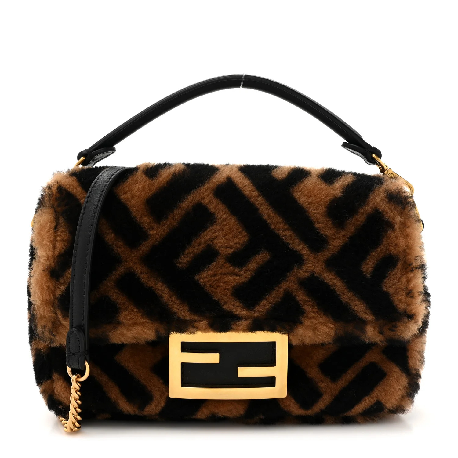 Fendi Shearling Vitello Dolce Macro FF 1974 Mini Baguette Tobacco Black 1739720 | FASHIONPHILE (US)
