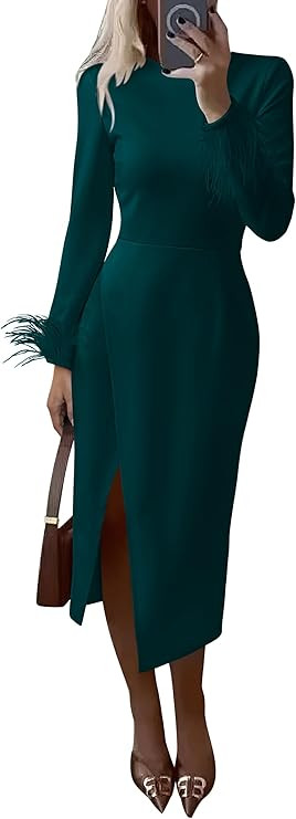 PRETTYGARDEN Women's 2024 Fall Long Sleeve Dress Formal Midi Bodycon Wrap Slit Feather Elegant We... | Amazon (US)