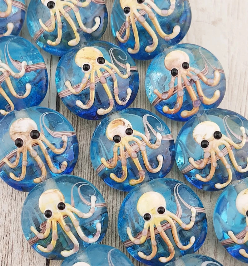 Octopus Glass Beads, Aqua Blue Lampwork Round Discs, Handmade Ocean Life & Wave Design, 20mm Dott... | Etsy (US)