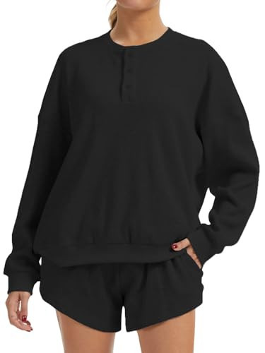 AnotherChill Women's Oversized Waffle Knit Lounge Set Long Sleeve Sweatshirt and High Waisted Shorts 2 Piece Casual Outfit (Black, Large) | Amazon (US)