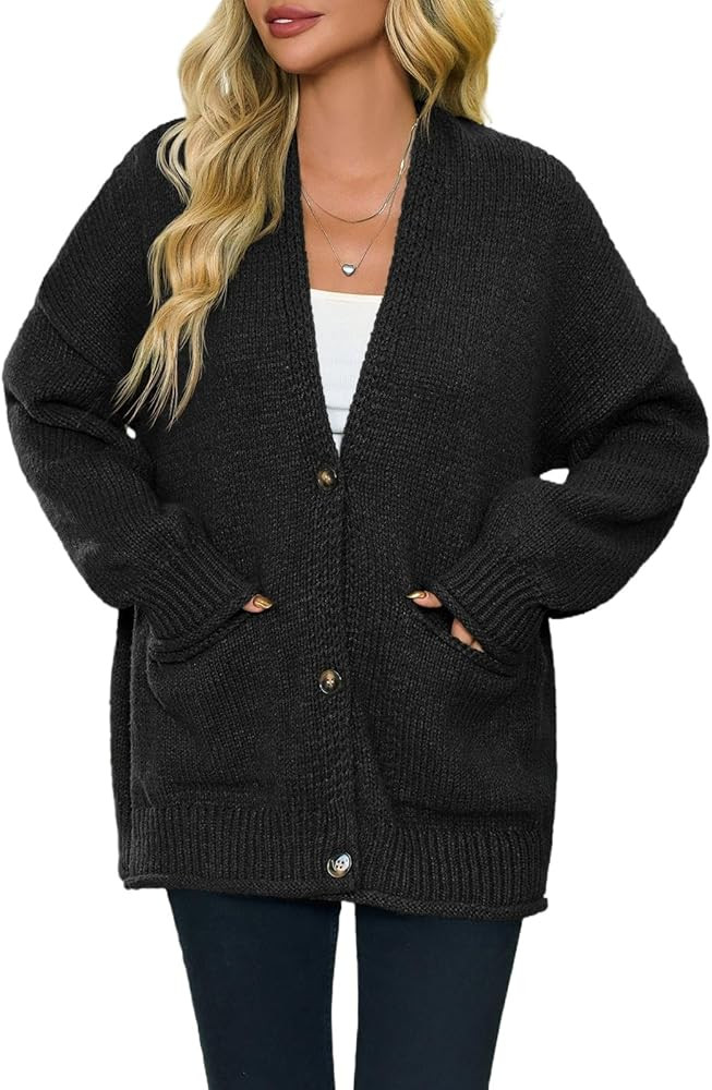 Saodimallsu Womens Chunky V Neck Cardigan Sweater Puff Sleeve Knit Cardigans Button Down Outwear ... | Amazon (US)