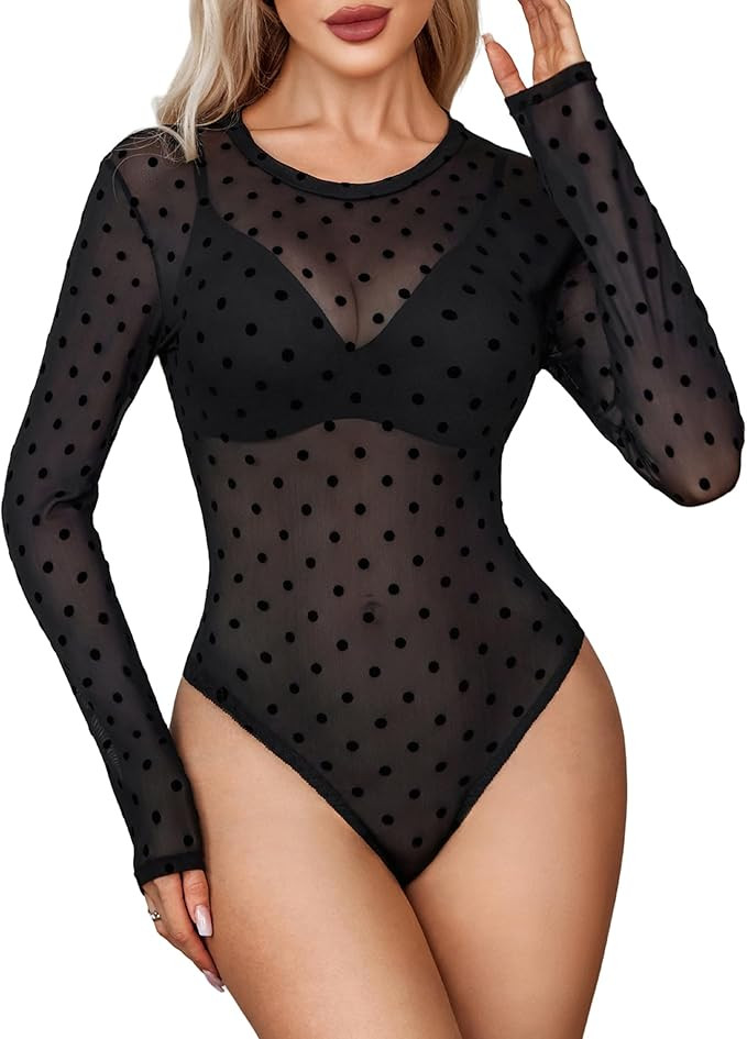 Avidlove Womens Mesh Long Sleeve Bodysuit Round Neck Sheer Leotards Geo Print Bodysuit Top with S... | Amazon (US)