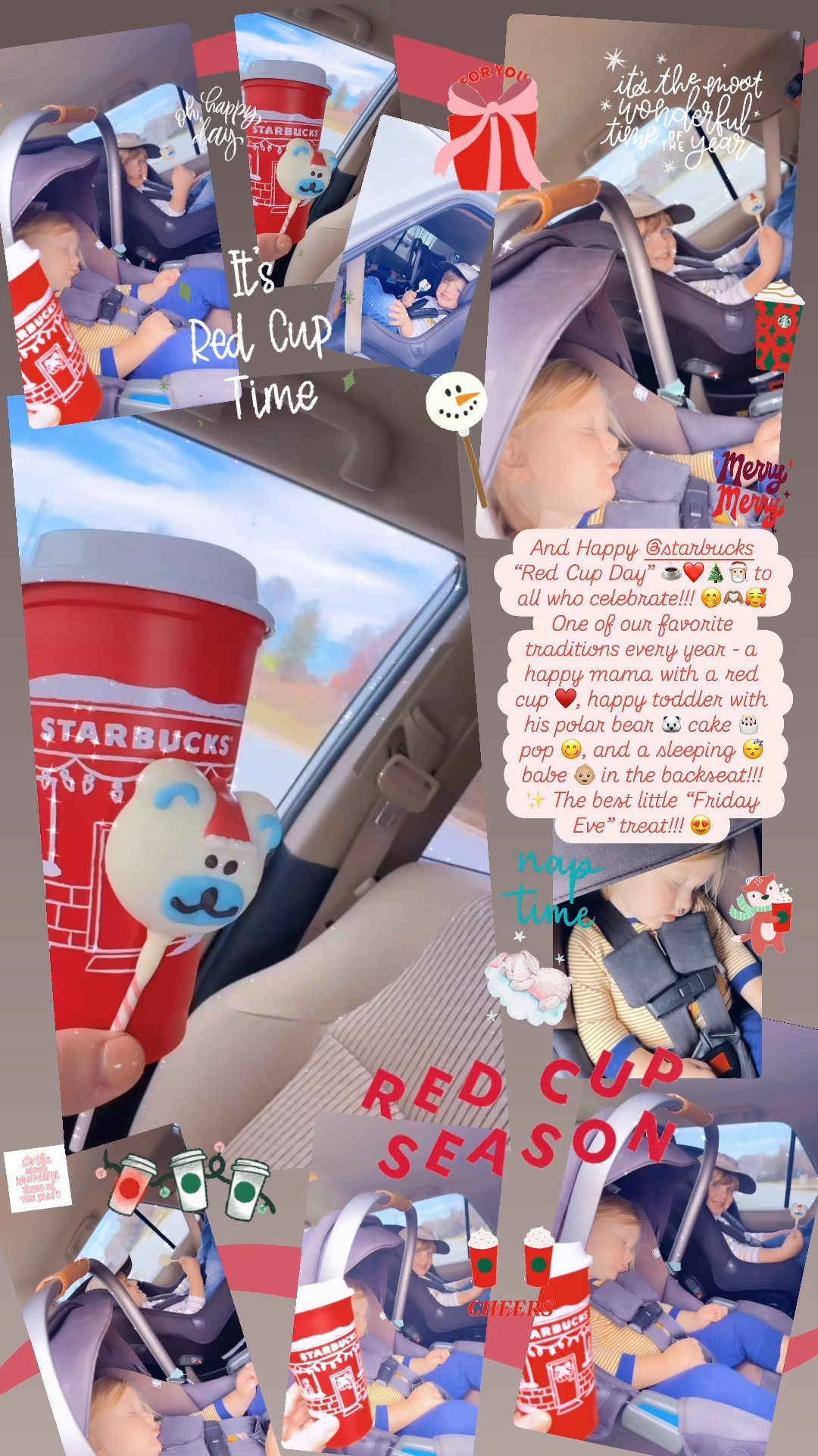 And Happy @starbucks “Red Cup Day” ☕️❤️🎄🎅🏻 to all who celebrate!!! 🤭🫶🏽🥰 One of our favorite traditions every year - a happy mama with a red cup ♥️, happy toddler with his polar bear 🐻‍❄️ cake 🎂 pop 😋, and a sleeping 😴 babe 👶🏼 in the backseat!!! ✨ The best little “Friday Eve” treat!!! 😍
