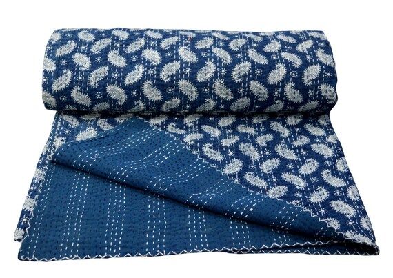 Indian Handmade Kantha Quilt Traditional Indigo Print Cotton | Etsy | Etsy (US)