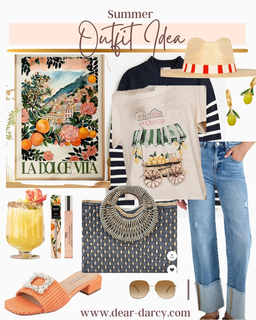 Summer outfit inspo

A little summer citrus anyone

Darling citrus tee tts

One of my favorite pairs of jeans under $100 and fit so good.. tts with a touch of room .. I love the large cuff for summer

Striped sweater for over your shoulders or a perfect layer for a chilly summer evening 

Pretty Italian poster - frame it for your kitchen or patio

Some of my favorite cocktail glasses from Anthro 

The cutest bag is an Amazon find

A great perfume perfect for summer and easy for travel 

Straw hat 

🍋 lemon drop earrings for a pop color 

Amazon find rhinestones buckle slides 

Aviator sunglasses (my favorite shape

#LTKOver40 #LTKSaleAlert #LTKootd