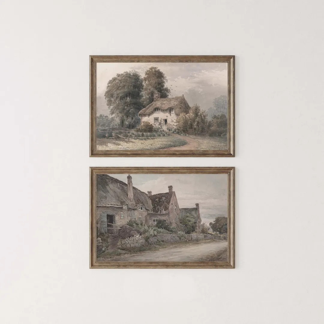 Vintage Neutral English Cottages Watercolor Paintings, Digital Download Farmhouse Wall Art. - Ets... | Etsy (Global)