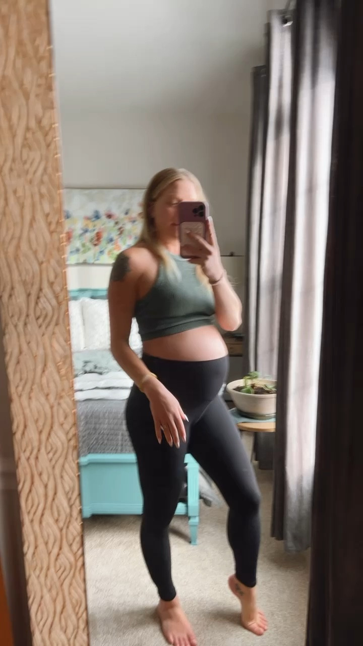 Part 1 of 3 - cozy cute and works with the bump. Buttery smooth leggings that stay up. Wearing size small. Crop works as a sports bra or dress w/ jeans. 

#LTKfitness #LTKVideo #LTKbump