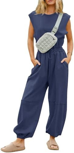 Kissonic Jumpsuits for Women Casual Crewneck Cap Sleeve Drawstring Romper One Piece Outfits with ... | Amazon (US)