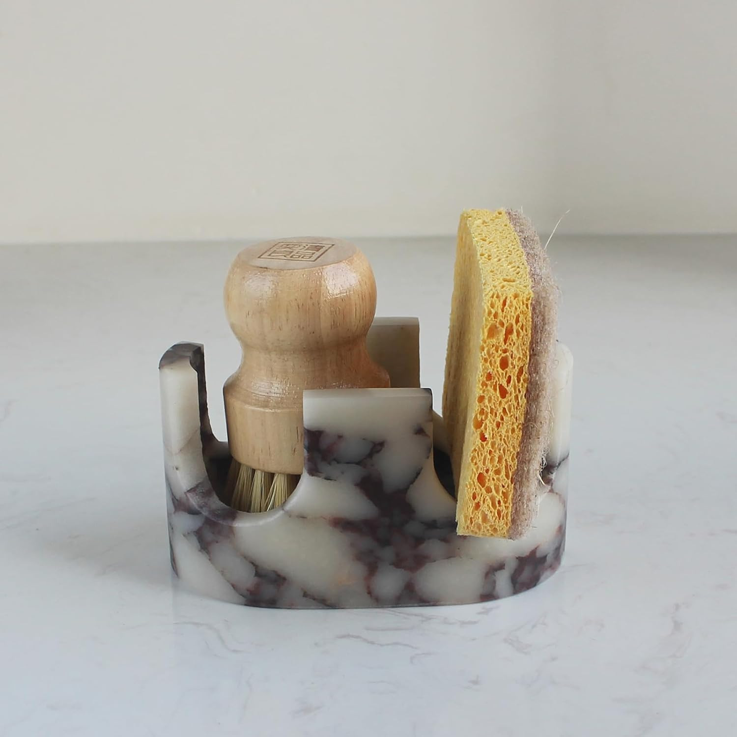 Natural Travertine Marble 2-Slot Sponge Holder for Kitchen Counter, 2-in-1 Stone Drying Rack, Sponge Caddy for Sink Organizer - Calacatta Viola Marble | Amazon (US)