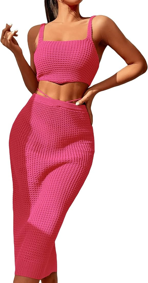 MakeMeChic Women's 2 Piece Crochet Swimsuit Cover Up Crop Tank Top and High Waisted Beach Skirt Set | Amazon (US)