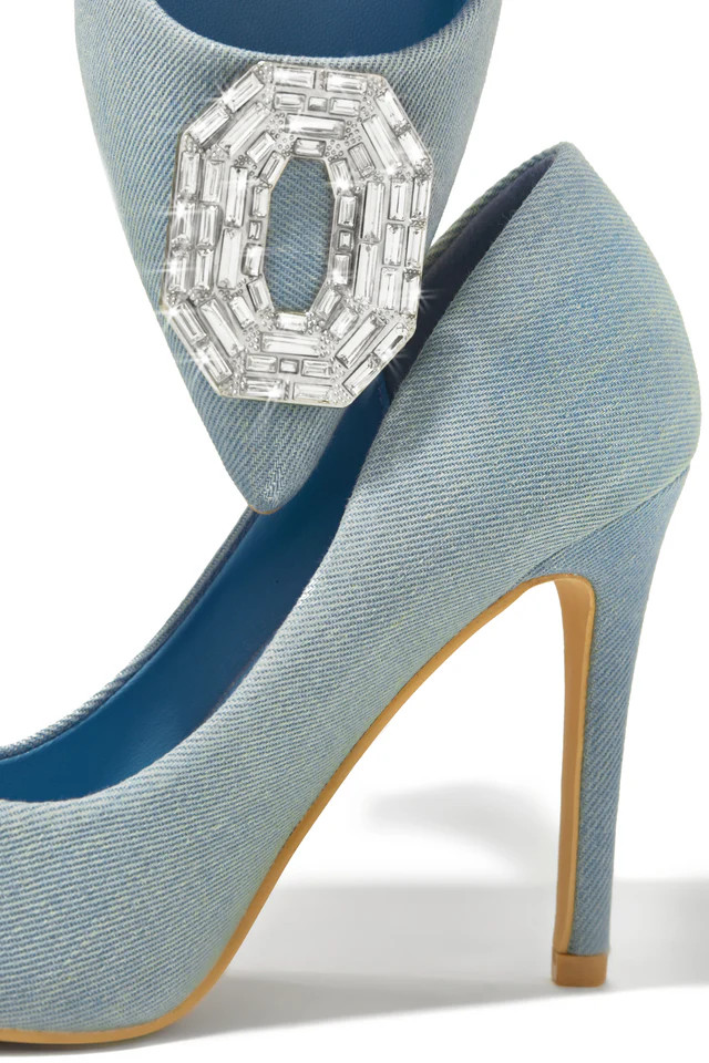 Miss Lola | Kiara Denim Embellished Pointed Toe Pumps | MISS LOLA