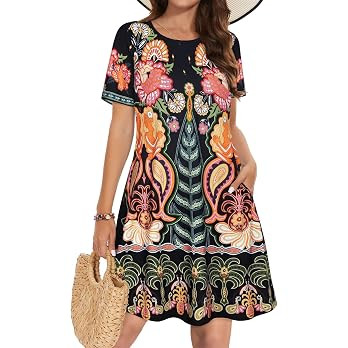 Summer Dresses for Women Casual Tshirt Short Sleeve Floral Sundress Beach Cover Ups with Pockets ... | Amazon (US)