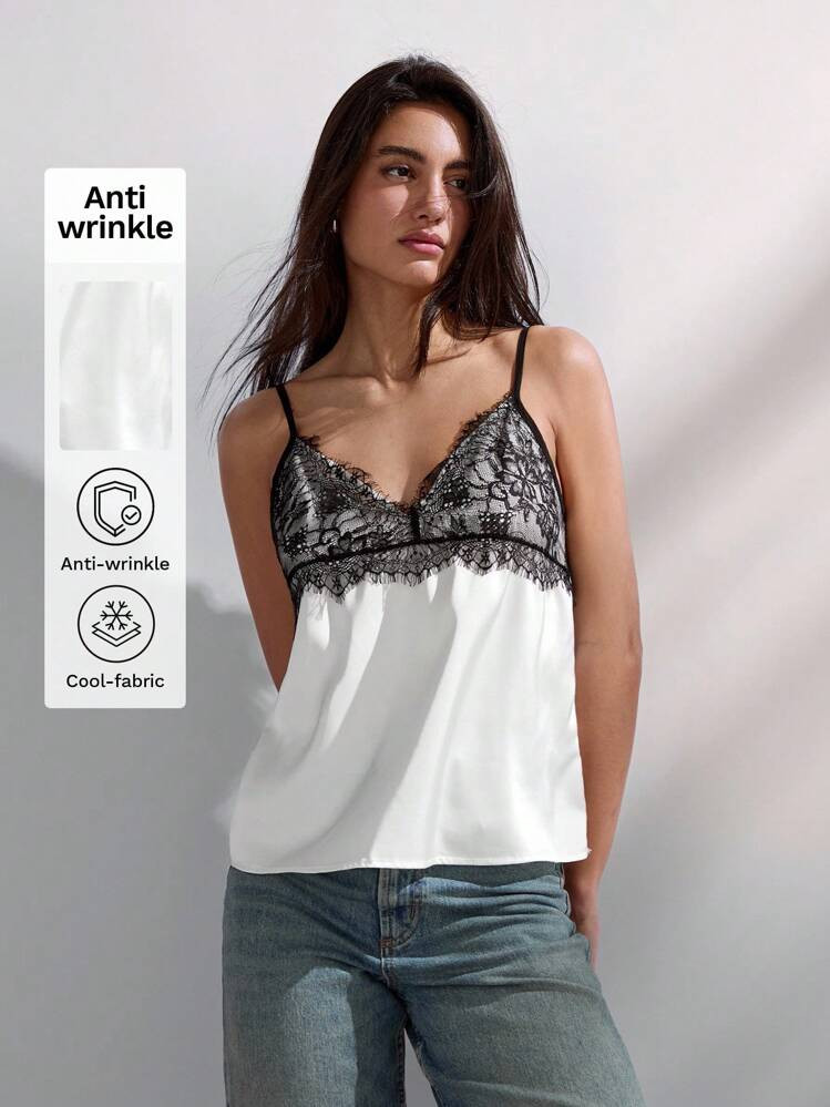 Maija Black & White Lace Patchwork Camisole For Women, Comfortable, Skin-Friendly, Elegant, Suitable For Easter, Music Festivals, Graduation Brunch, Fashionable & Versatile Outerwear Weddings & Events | SHEIN