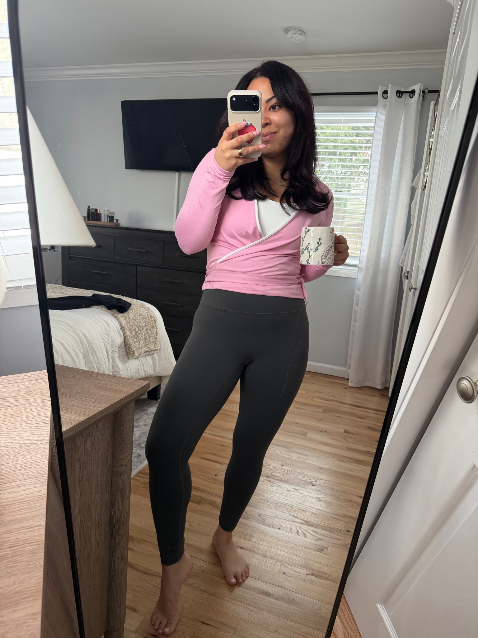 pilates outfit workout outfit activewear casual look ButterBliss Long Sleeve Deep V-Neck Wrap top in small and no front seam leggings 

 #LTKgrwm #LTKootd #LTKfitnessgoals