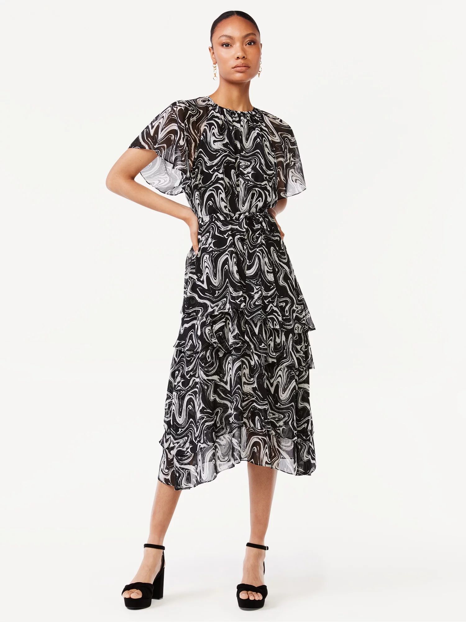 Scoop Women's Tie Waist Midi Dress with Ruffle Sleeves | Walmart (US)