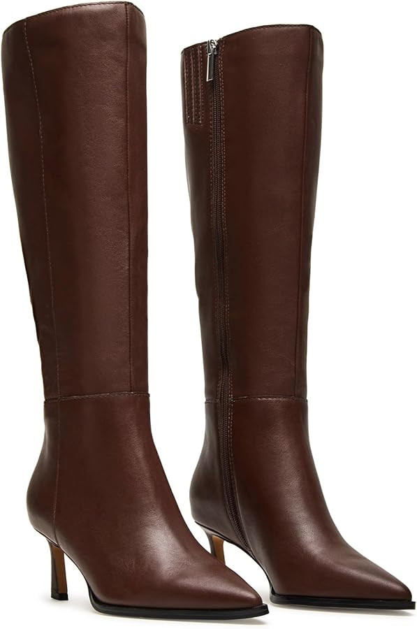 MICIFA Burgundy Kitten Heel Knee High Boots for Women Side Zipper Tall Leather Boots Pointed Toe ... | Amazon (US)