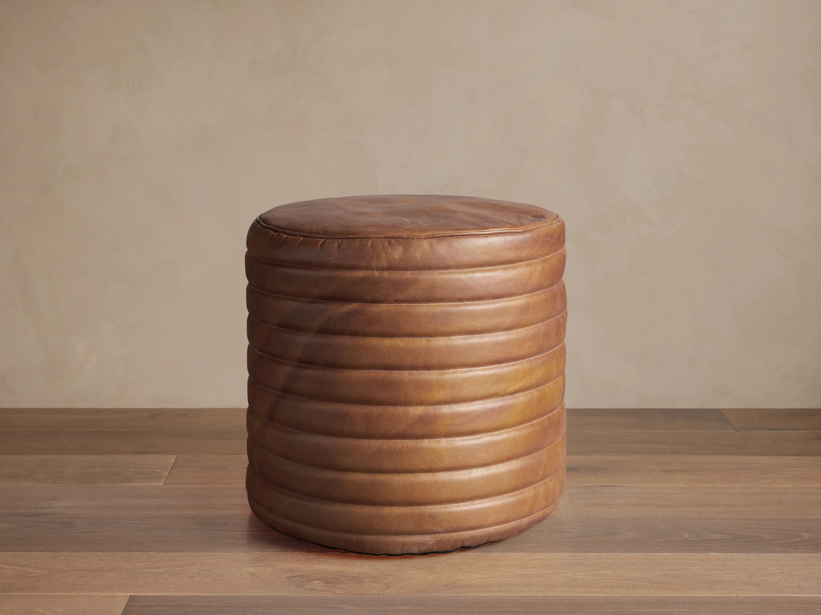 Round Channel Leather Pouf | Arhaus
