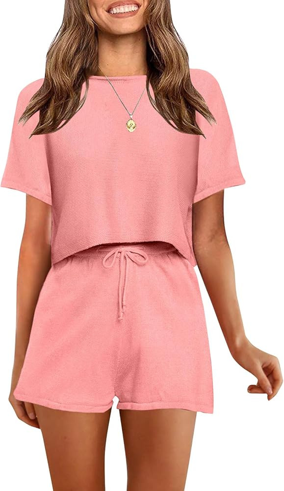 SYZRI Women's 2 Piece Knit Outfits Puff Sleeve Crop Top Shorts Set Sweater Sweatsuit | Amazon (US)