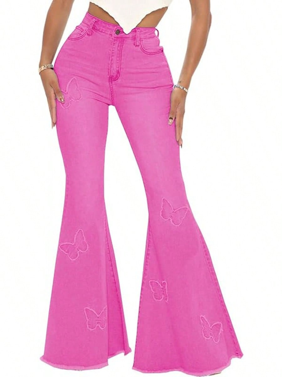 Women's Butterfly Flared Jeans Elastic High Waist Embroidered Classic Flared Jeans Frayed Jeans W... | SHEIN