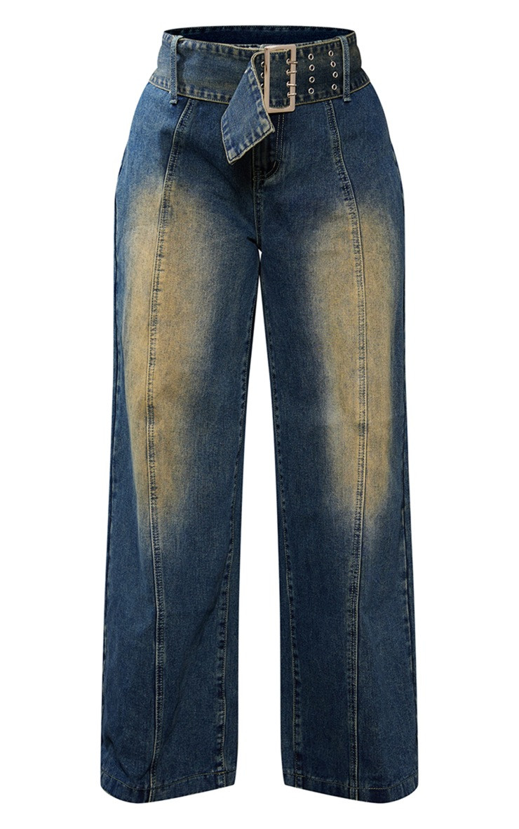 Plus Vintage Wash Buckle Denim Wide Leg Jeans | PrettyLittleThing US