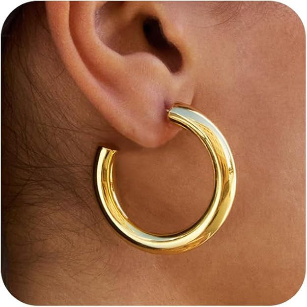 Chunky Gold Hoop Earrings: 14K Gold Plated, Non Tarnish, Lightweight, Open Tube Design, Hypoaller... | Amazon (US)