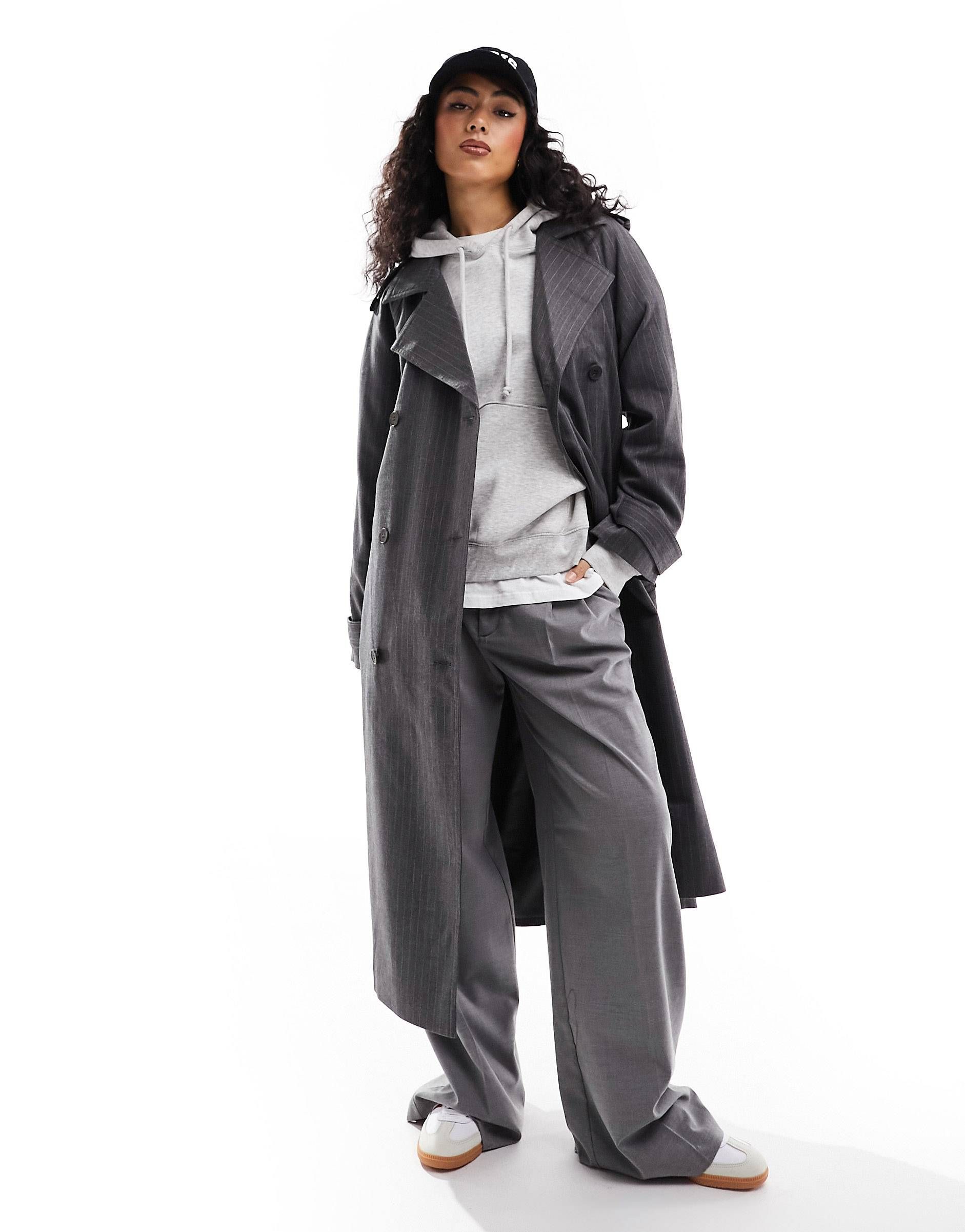 ASOS DESIGN oversized pinstripe trench coat in grey | ASOS (Global)