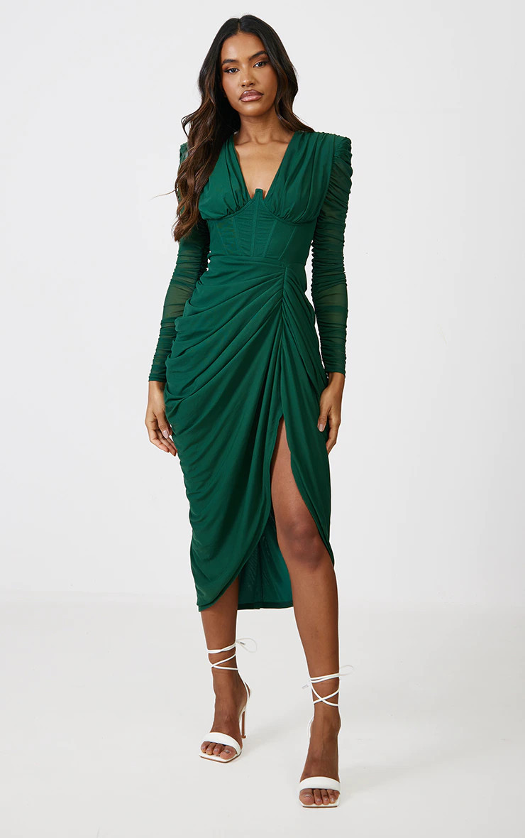 Emerald Green Mesh Ruched Long Sleeve Draped Midi Dress | PrettyLittleThing UK