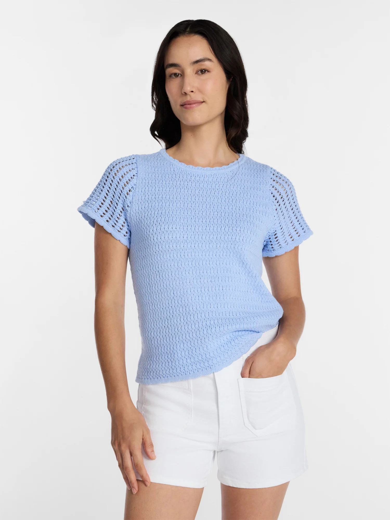 Time and Tru Women's Textured Crewneck Sweater with Short Sleeves, Lightweight, Sizes XS-XXXL | Walmart (US)