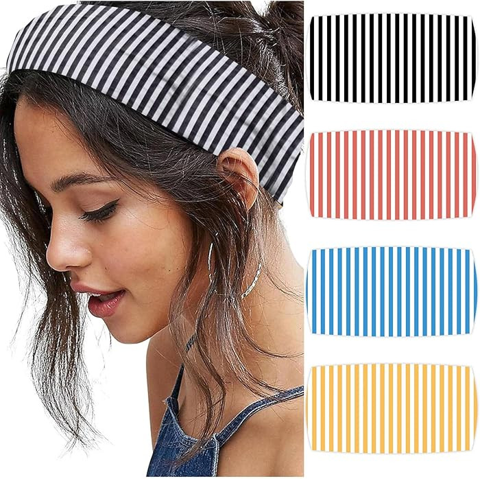 4pcs Striped Headbands for Women Wide Head Bands for Women's Hair Non Slip Wraps Elastic Stretchy... | Amazon (US)