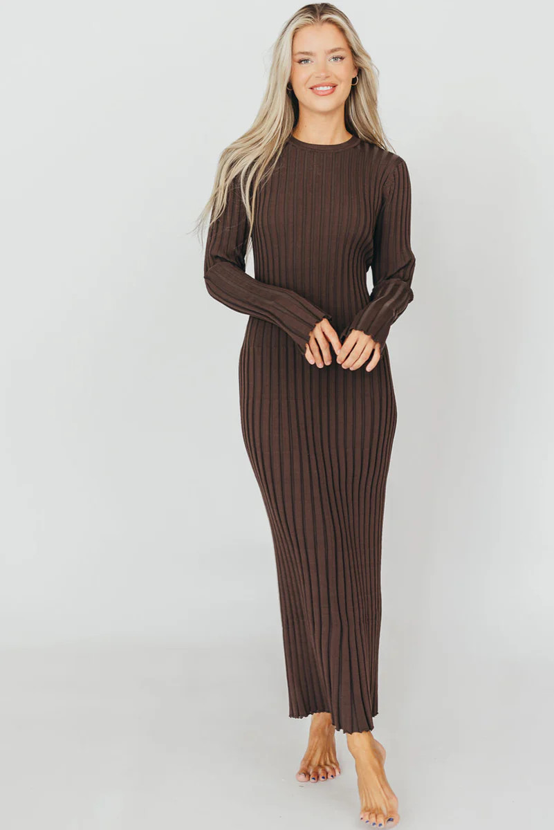 Colette Premium Long Sleeved Ribbed Knit Maxi Dress in Brown - Bump Fr | Worth Collective
