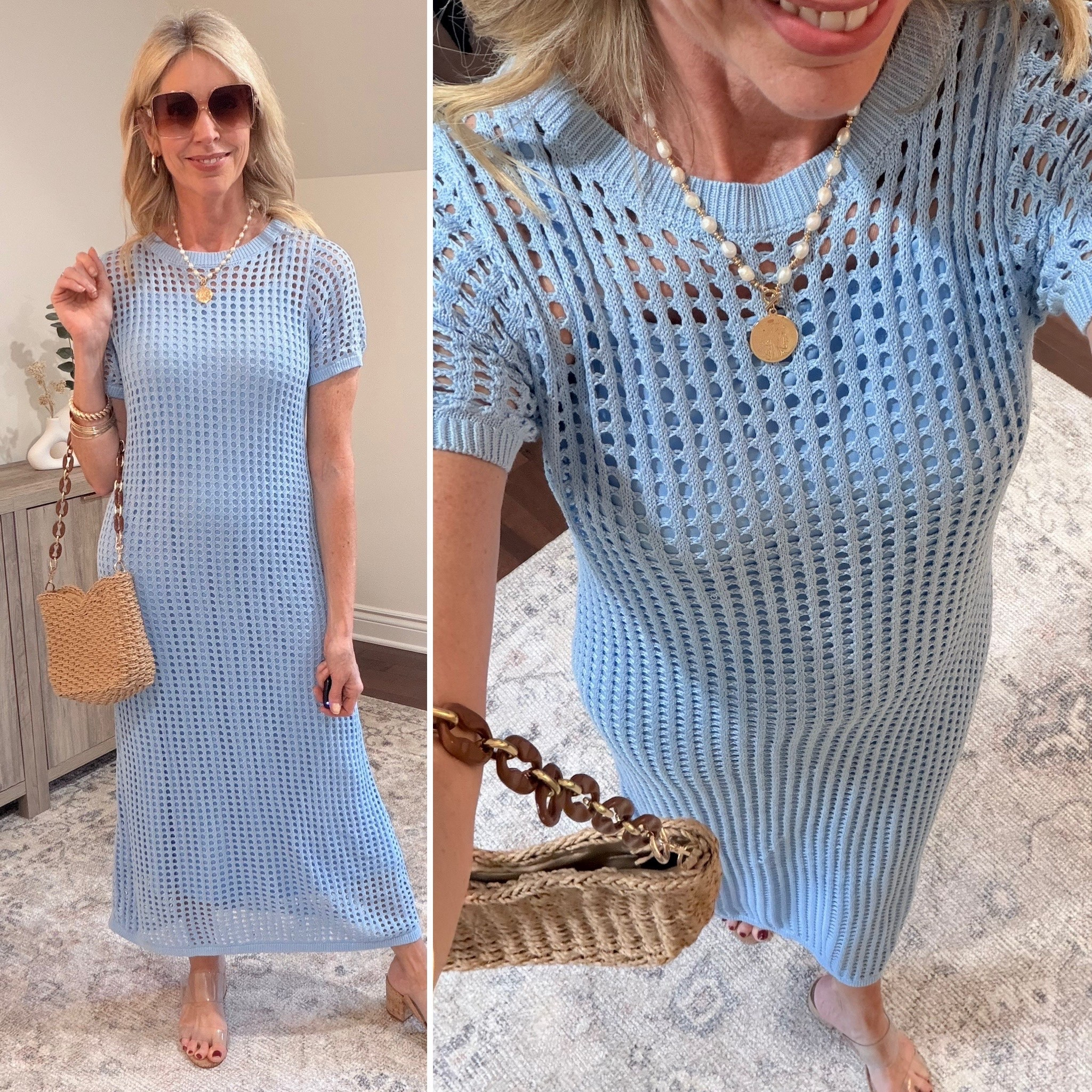 ✨I'm going full in on the crotchet trend at 55! This Amazon crochet dress has a full slip which makes it perfect for any age. Plus, it's so comfy! I dressed it up with rattan purses and fun statement jewelry. 

The crochet dress comes in 16 colors and 5 sizes. Fit true to size. 

#LTKootd #LTKTravel #LTKOver40