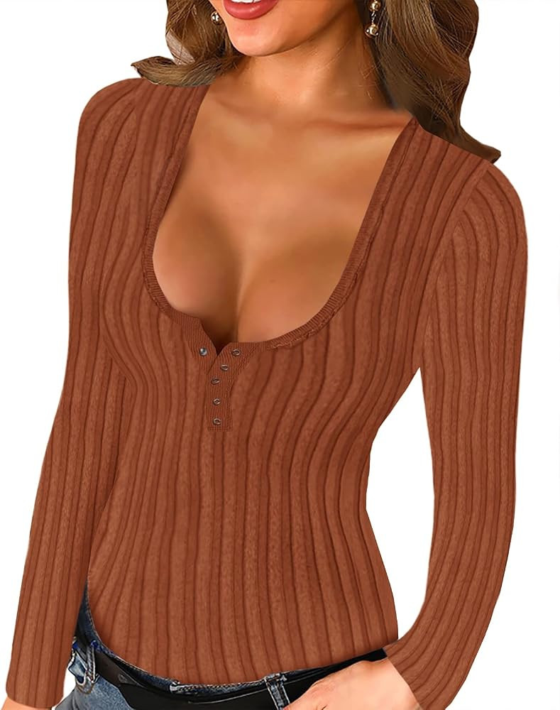 Womens Sexy Henley Sweaters Low Cut Scoop Neck Bodycon Long Sleeve Winter Pullover Tops | Amazon (US)