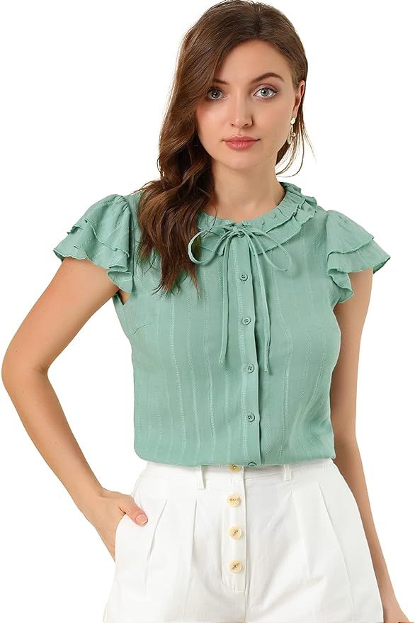 Allegra K Women's Flutter Sleeve Button Front Ruffle Neck Tie Neck Cotton Work Blouse | Amazon (UK)