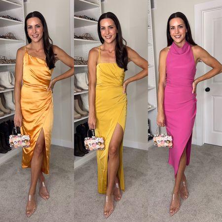 Formal wedding guest dresses!
Orange: true to size (S) 
Marigold: size down if between sizes (XS) 
Pink: size down (XS) 
Heels: tts 

Evening clutch is amazon too, it’s so fun!!

#LTKwedding #LTKFind #LTKsalealert