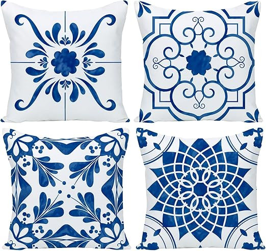 GUHOO Geometric Blue Flower Decorative Throw Pillow Covers 18 x 18 Inch, Set of 4 Abstract Blue F... | Amazon (US)