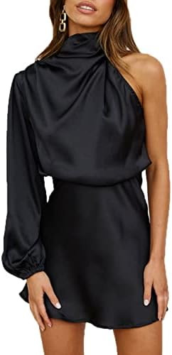 Women's Satin Long Sleeve One Shoulder Mini Dress Silk One Sleeve Turtle Neck Cut Out Cocktail Sh... | Amazon (US)