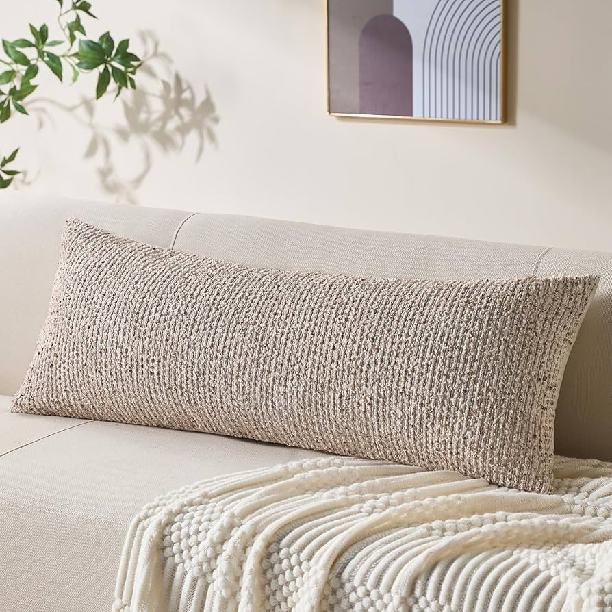 Decorative Lumbar Pillow Cover 14x36 Beige Striped Wool Long Body Pillow Neutral Textured Boho Lu... | Amazon (US)