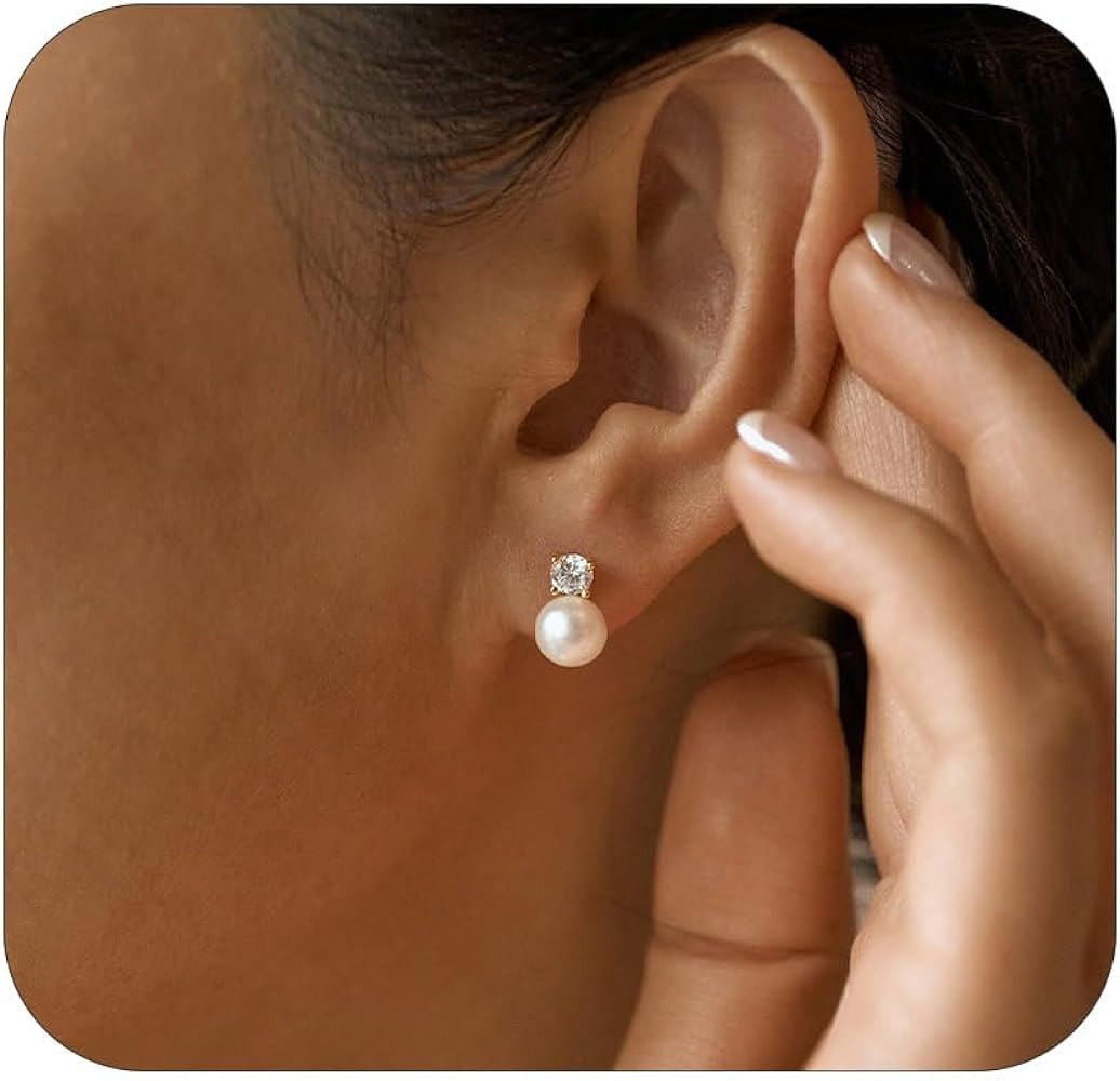 Pearl Earrings,6mm/8mm/10mm Gold/Silver Pearl Stud Earrings for Women Dainty 14K Gold CZ Diamond ... | Amazon (US)