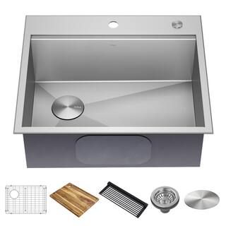 KRAUS Loften 25 in. Drop-in/Undermount Single Bowl Stainless Steel Kitchen Workstation Sink with ... | The Home Depot