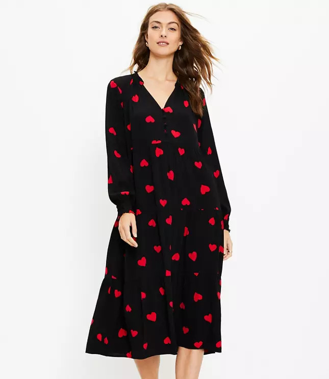 Petite Heart Tiered Button Midi Swing Dress | LOFT