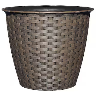 Nantucket Medium Brown Resin Woven Round Planter with Drainage Holes (10 in. L x 10 in. W x 8.67 ... | The Home Depot