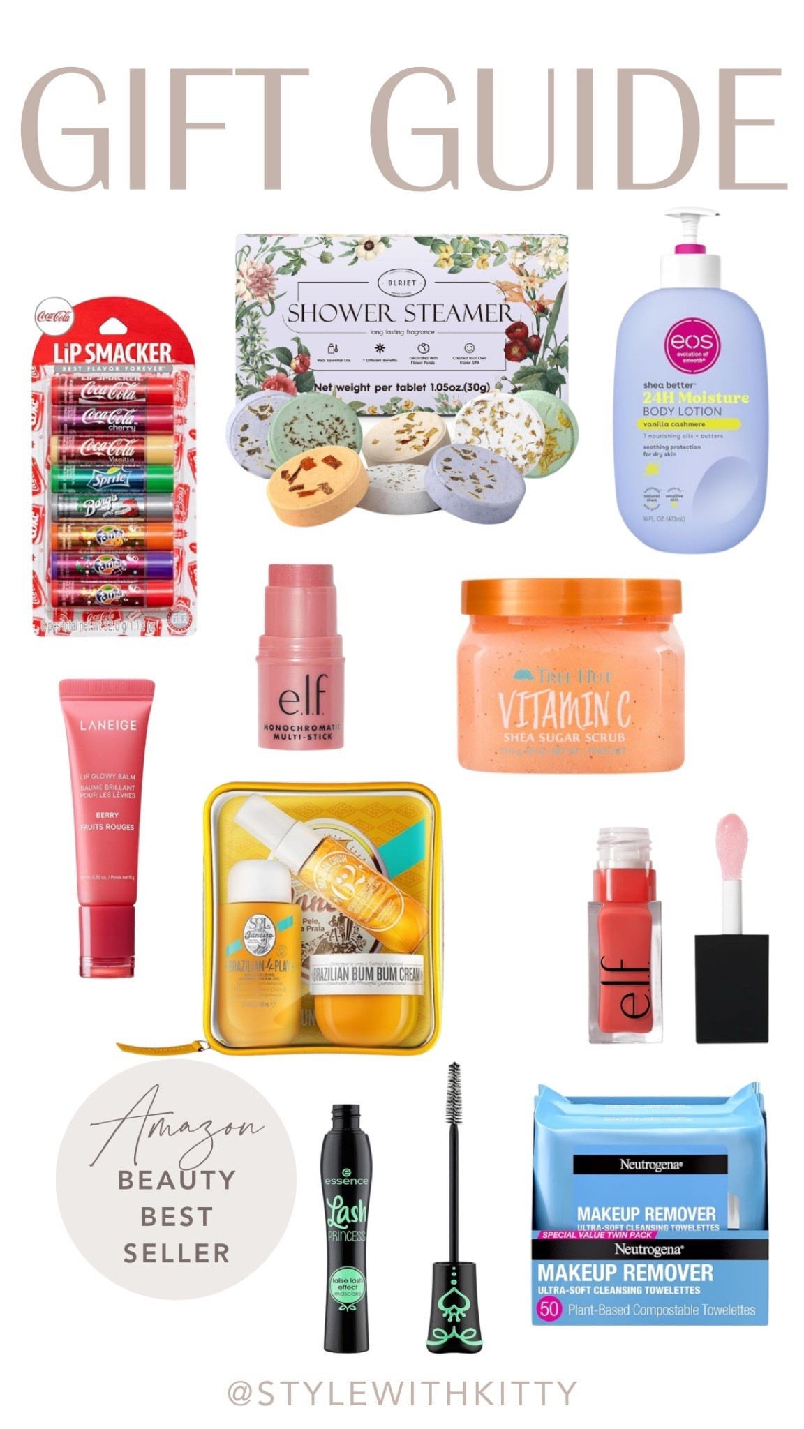 Self-care gifts that always hit 🎁✨
This Amazon beauty gift guide is full of easy, feel-good favorites—perfect for stocking stuffers, Secret Santa, or a little treat for yourself. From hydrating skincare and cozy shower steamers to everyday makeup essentials, these are beauty best sellers everyone loves.

✨ WHAT’S INCLUDED:
• Lip Smacker Coca-Cola lip balm set
• Shower Steamers aromatherapy set
• eos Shea Better body lotion
• Laneige lip glowy balm
• e.l.f. Monochromatic multi-stick
• Tree Hut Vitamin C shea sugar scrub
• Sol de Janeiro Brazilian Bum Bum Cream set
• e.l.f. lip gloss
• essence Lash Princess mascara
• Neutrogena makeup remover wipes

#stylewithkitty

#AmazonBeauty #AmazonFinds #BeautyGiftGuide #BeautyStockingStuffers
#LipSmacker #ShowerSteamers #EOSLotion #LaneigeLip
#ELFCosmetics #TreeHut #SolDeJaneiro #EssenceMascara
#Neutrogena #AmazonBestSellers #SelfCareGifts #BeautyFavorites


#LTKBeauty #LTKGiftGuide