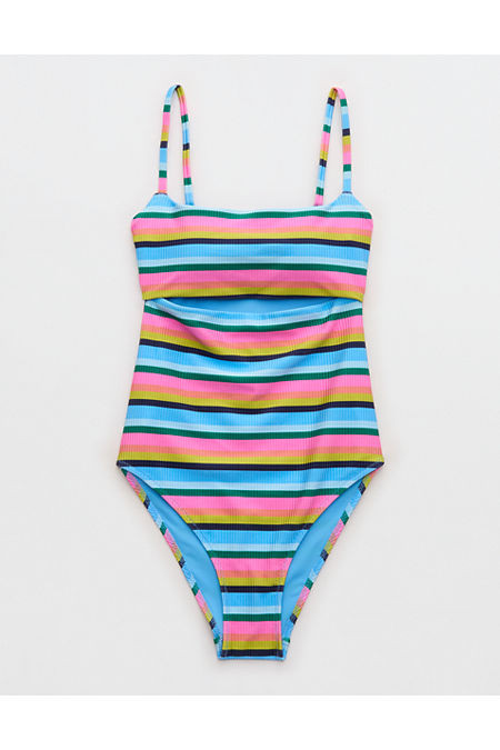 Aerie Cutout Shine Rib One Piece Swimsuit Women's Pink Punch XXS | Aerie