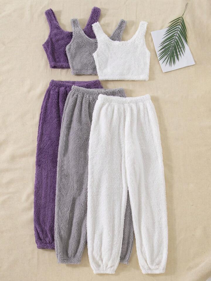 3pcs Women's Winter Casual Fluffy Vest, Pants Sleepwear Set | SHEIN