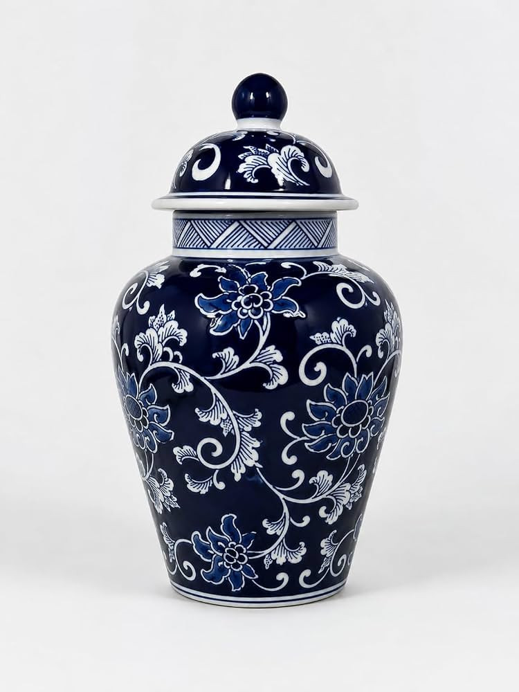 12.5 in Blue and White Porcelain Floral Temple Ginger Jar Vase, China Qing Style (Blue Dark), Med... | Amazon (US)