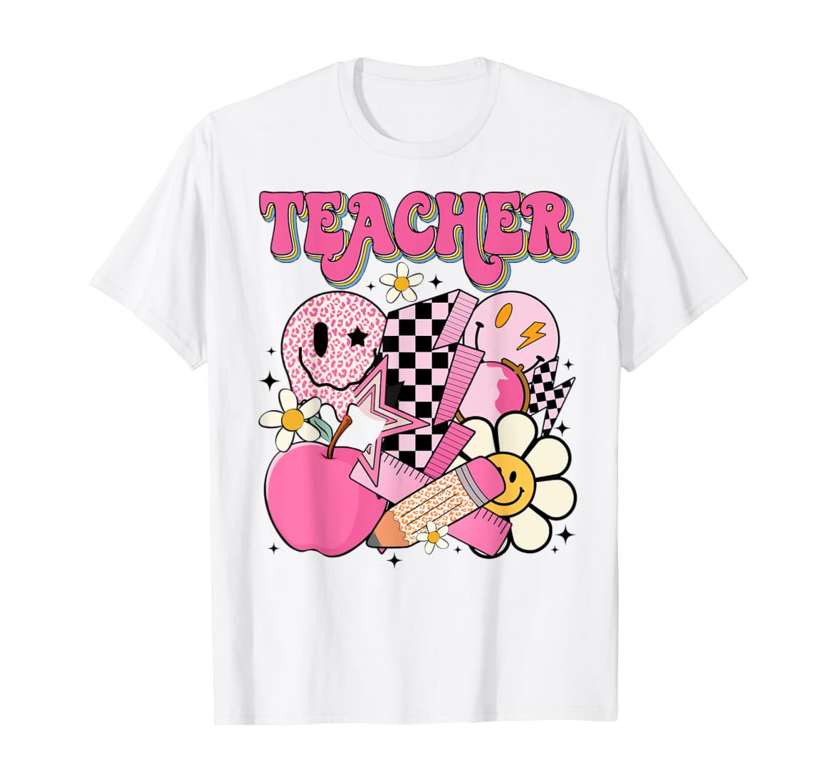 Retro Groovy Hippie Smile Face Teacher Women Back To School T-Shirt | Amazon (US)