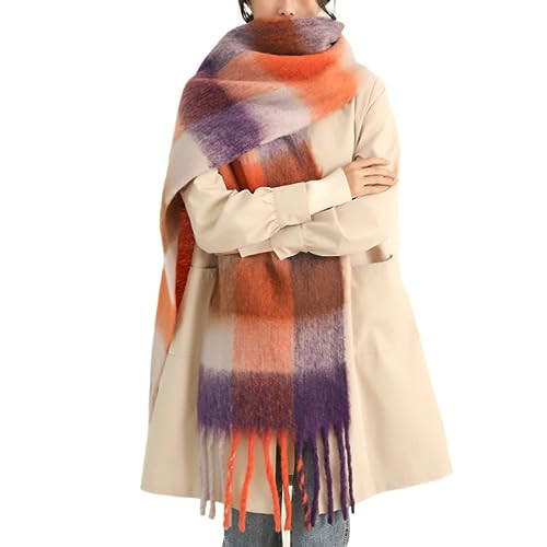 MININAI Chunky Winter Scarfs for Women Cold Weather Warm Knit Thick Plaid Scarf Long Large Oversized Checked Scarves (Orange&Purple) | Amazon (US)