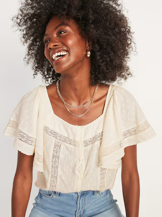 Oversized Clip-Dot Crochet-Lace Button-Front Blouse for Women | Old Navy (US)