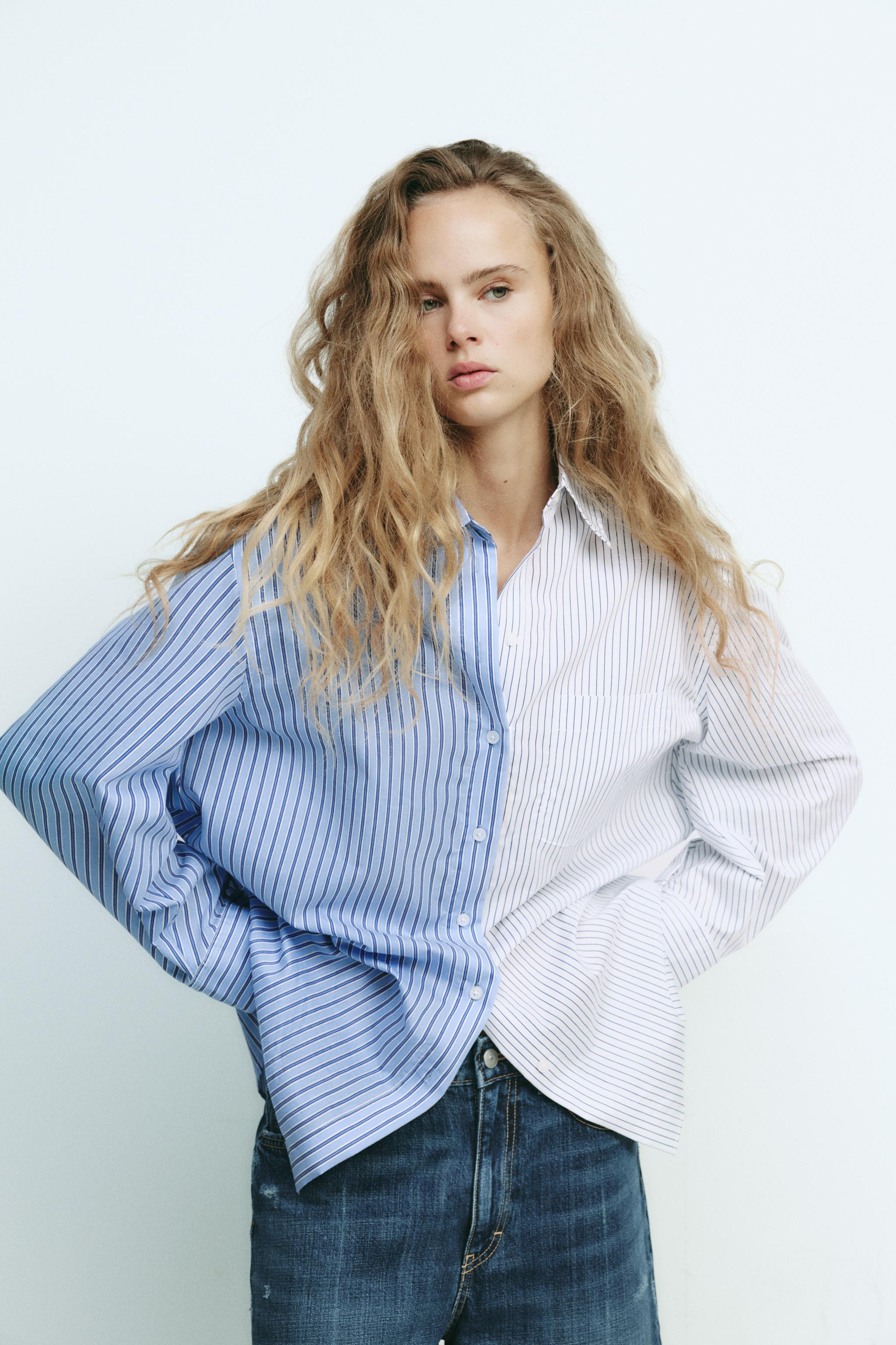COMBINED STRIPE OVERSIZED POPLIN SHIRT | Zara US